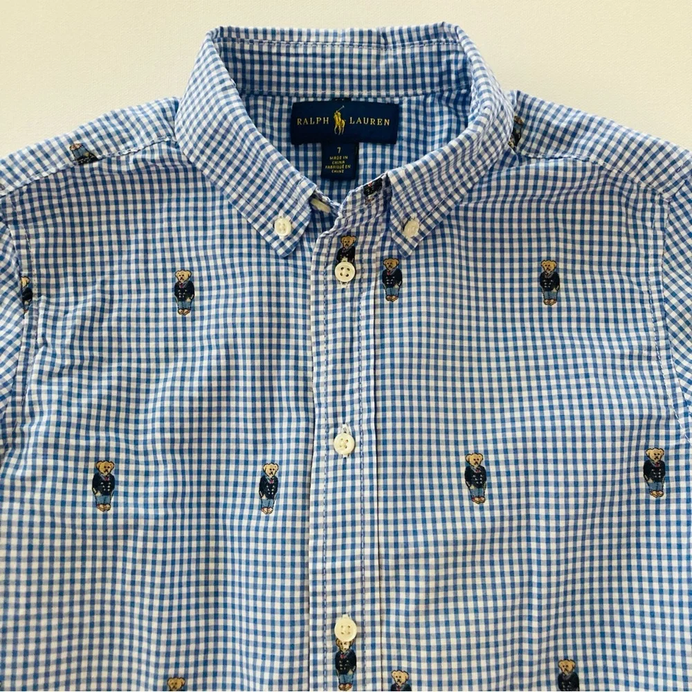 Ralph Lauren Boys 7 Blue Polo Bear Print Button Down Shirt